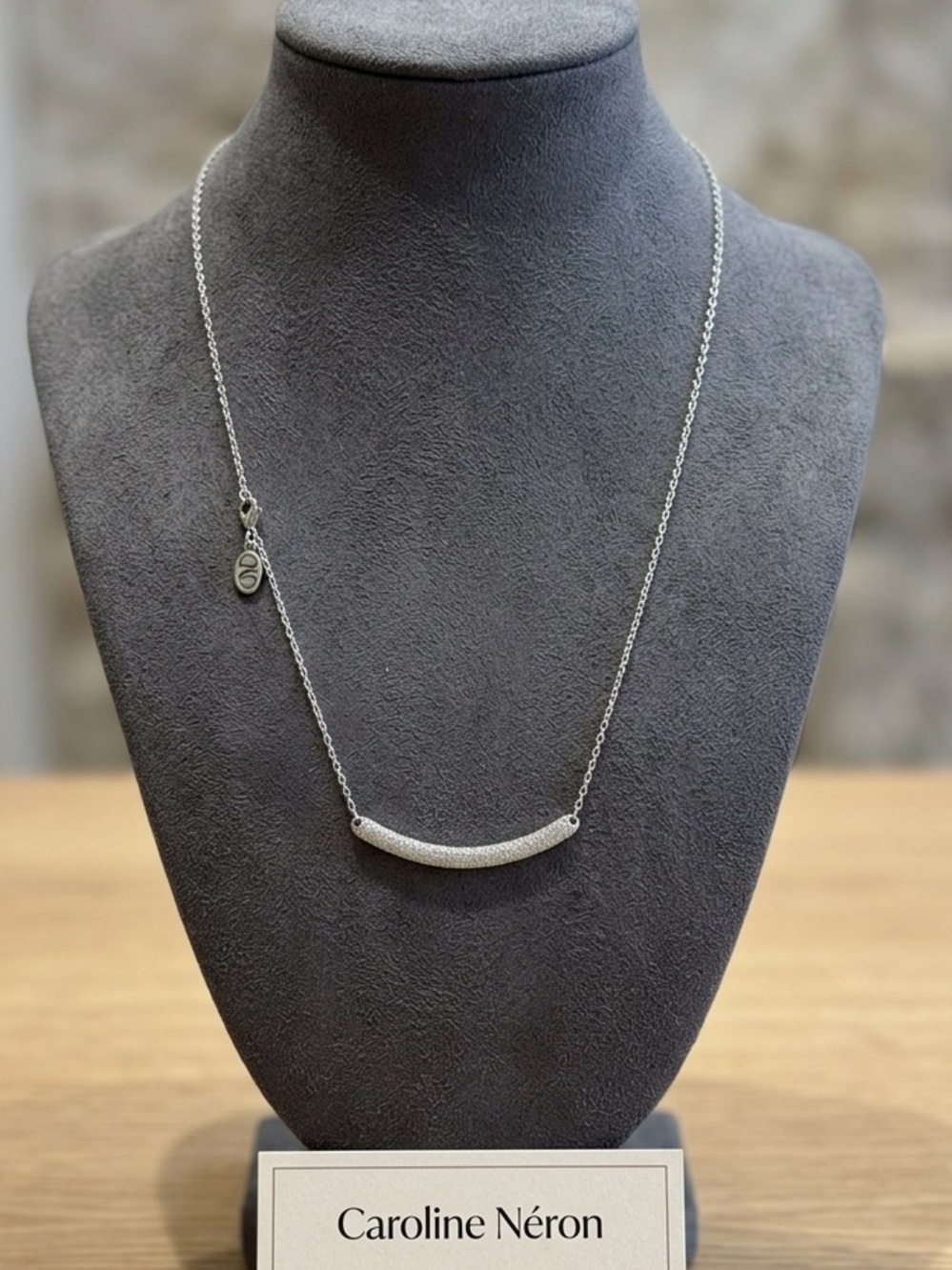 Caroline Néron Curved Pave Bar Necklace Silver Tone 17" NWOT